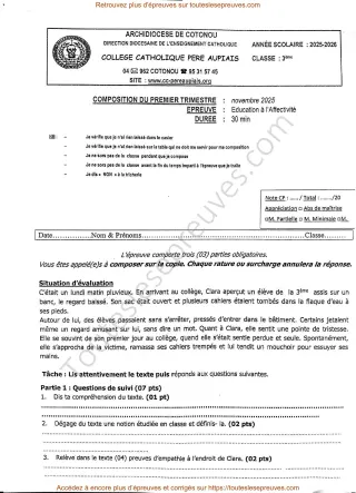 Première page de Éducation à l’Affectivité 3e – Composition du 1er trimestre 2025-2026 – Empathie, attitudes et avantages relationnels – Collège Catholique Père Aupiais