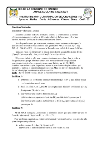Première page de Mathématiques 3e — 1er devoir surveillé, 2e semestre (2023-2024) · CEG SEKERE