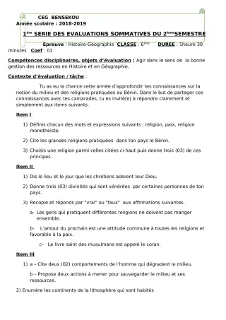 Première page de Histoire-Géographie 6e — 1re évaluation sommative (2018-2019) · CEG BENSEKOU