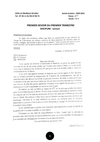 Première page de Français 6e — 1er devoir surveillé, 1er trimestre (2020-2021) · CEPG La Prunelle de Dieu