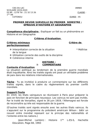 Première page de Histoire-Géographie 1ère A2, 1ère B — 1er devoir surveillé, 1er semestre (2019-2020) · CEG du Lac