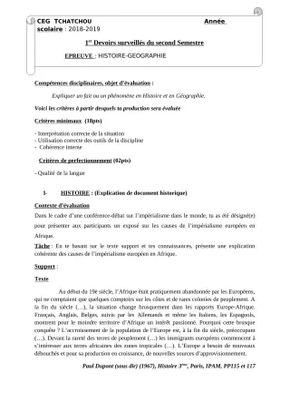 Première page de Histoire-Géographie 3e, 3e ML — 1er devoir surveillé, 2e semestre (2018-2019) · CEG Tchatchou