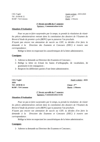 Première page de Français 4e — 1er devoir surveillé, 1er semestre (2019-2020) · CEG Yagbe
