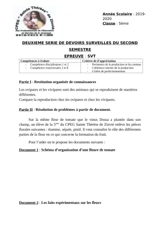 Première page de SVT 5e — 2e devoir surveillé, 2e semestre (2019-2020) · CPEG Ste Thérèse de Zinvié