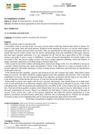 Première page de Anglais 1ère A2, 1ère D — 1er devoir surveillé, 2e semestre (2023-2024) · CEG SEKERE