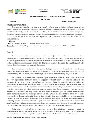 Première page de Français 2nde A2, 2nde D — 1er devoir surveillé, 2e semestre (2022-2023) · CEG SEKERE