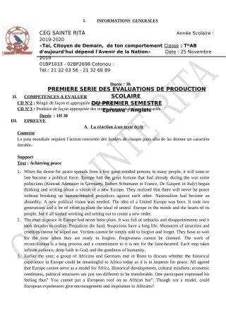 Première page de Anglais 6e, 5e, 4e ML&MC, 3e, 3e ML, 2nde A2, 2nde B, 2nde C, 2nde D, 1ère A2, 1ère B, 1ère C, Tle A2, Tle B, Tle C, Tle D — Production scolaire, 1er semestre (2019-2020) · CEG Sainte Rita