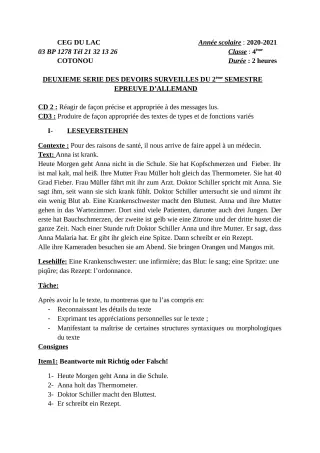 Première page de Allemand 4e — 2e devoir surveillé, 2e semestre (2020-2021) · CEG du Lac