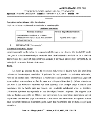 Première page de Histoire-Géographie Tle A1, Tle A2, Tle B — 1er devoir surveillé, 2e semestre (2018-2019) · CEG Albarika