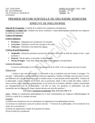 Première page de Philosophie 2nde A2, 2nde B — 1er devoir surveillé, 2e semestre (2019-2020) · CEG FIYEGNON