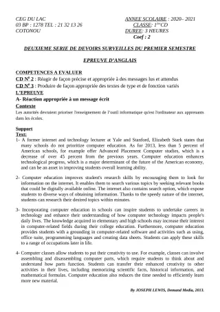 Première page de Anglais 1ère C, 1ère D — 2e devoir surveillé, 1er semestre (2020-2021) · CEG du Lac