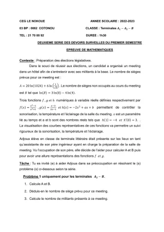 Première page de Mathématiques Tle A1, Tle A2, Tle B — 2e devoir surveillé, 1er semestre (2022-2023) · CEG LE NOKOUE