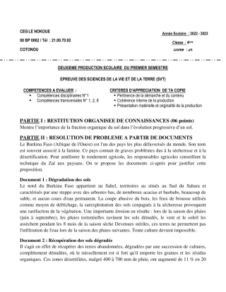 Première page de SVT 4e, 4e ML — 2e production scolaire, 1er semestre (2022-2023) · CEG LE NOKOUE