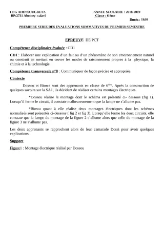 Première page de PCT 6e, 5e, 4e, 4e ML, 3e, 3e ML, 2nde A & B, 2nde A2 — 1re évaluation sommative, 1er semestre (2018-2019) · CEG Ahossougbéta