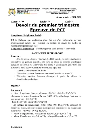 Première page de PCT 6e, 5e, 4e, 3e, 2nde D, 1ère D, Tle D — Évaluation sommative, 1er trimestre (2021-2022) · CPEG AGBOZO MEGBEDJI
