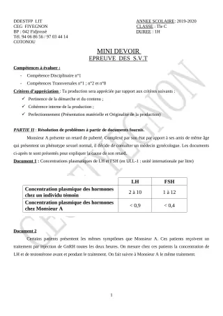 Première page de Mathématiques Tle C — 1er devoir surveillé (2019-2020) · CEG FIYEGNON