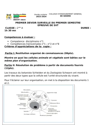 Première page de SVT 2nde A2 — 1er devoir surveillé, 1er semestre (2023-2024) · CEG SEKERE