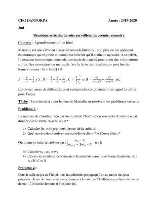 Première page de Mathématiques 2nde A1, 2nde B, 1ère A2, 1ère B — 2e devoir surveillé, 1er semestre (2019-2020) · CEG Dantokpa
