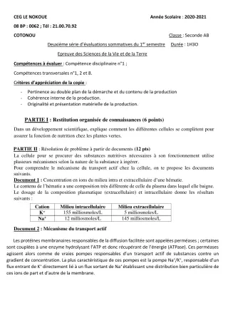 Première page de SVT 2nde A1, 2nde A2, 2nde B — Évaluation sommative, 1er semestre (2020-2021) · CEG LE NOKOUE