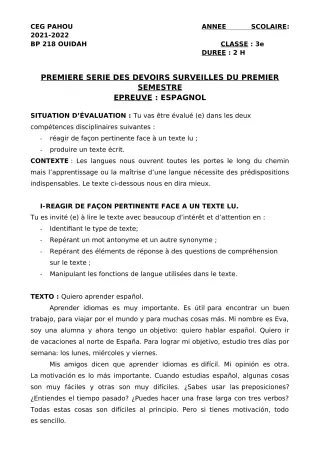 Première page de Espagnol 3e — 1er devoir surveillé, 1er semestre (2021-2022) · CEG PAHOU