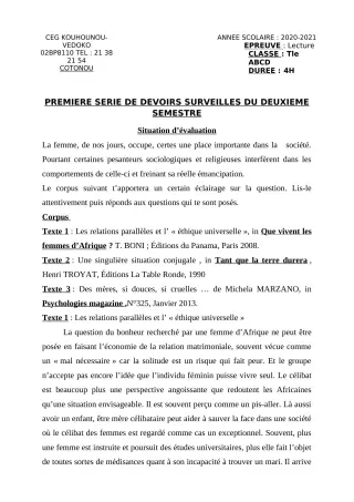 Première page de Français Tle A1, Tle A2, Tle B, Tle C, Tle D — 1er devoir surveillé, 2e semestre (2020-2021) · CEG Kouhounou-Vêdoko