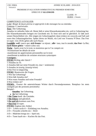 Première page de Allemand 3e ML — 1re évaluation sommative, 1er semestre (2018-2019) · CEG NIMA