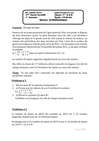 Première page de Mathématiques 1ère A & B — 1er devoir surveillé (2023-2024) · CEG2 ABOMEY - CALAVI (CEG ZOCA)