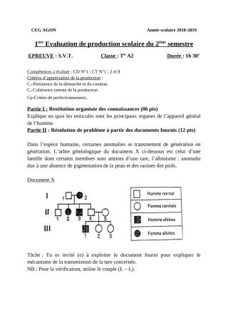Première page de SVT Tle A2 — 1re production scolaire, 2e semestre (2018-2019) · CEG Agon
