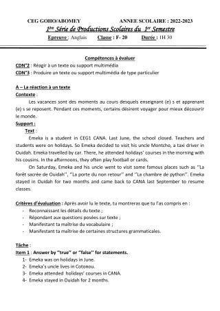 Première page de Anglais 5e — 1re production scolaire, 1er semestre (2022-2023) · CEG GOHO