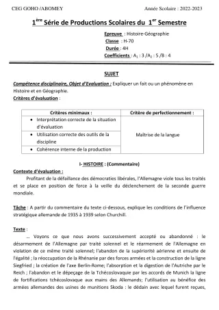 Première page de Histoire-Géographie 1ère A2 — 1re production scolaire, 1er semestre (2022-2023) · CEG GOHO