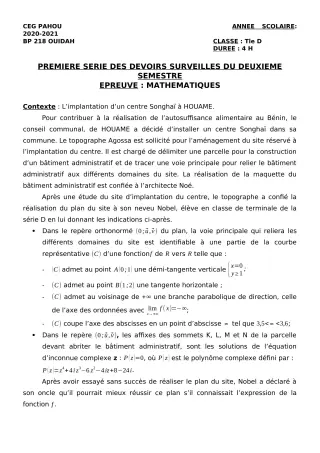 Première page de Mathématiques Tle D — 1er devoir surveillé, 2e semestre (2020-2021) · CEG PAHOU