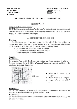 Première page de PCT 2nde C — 1er devoir surveillé, 2e semestre (2019-2020) · CEG LE NOKOUE