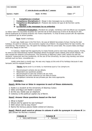 Première page de Anglais 5e — 1er devoir surveillé, 1er semestre (2018-2019) · CEG SEKERE