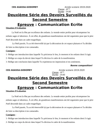 Première page de Français 6e — 2e devoir surveillé, 2e semestre (2019-2020) · CEG Agassa Godomey