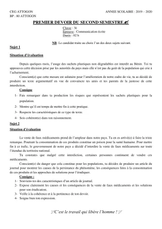 Première page de Français 3e, 3e ML — 1er devoir surveillé, 2e semestre (2019-2020) · CEG Attogon
