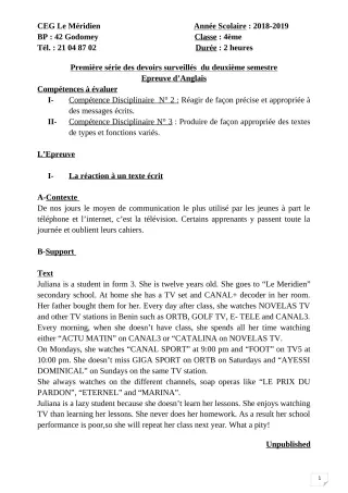 Première page de Anglais 4e, 4e ML — 1er devoir surveillé, 2e semestre (2018-2019) · CEG Le Méridien