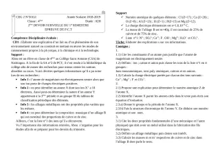 Première page de PCT 4e — Devoir surveillé, 1er semestre (2018-2019) · CEG 2 N'DALI