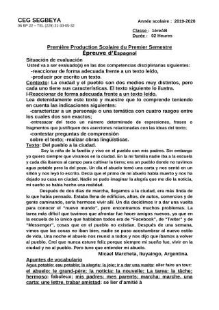 Première page de Espagnol 2nde A & B, 1ère A1, 1ère A2, 1ère B — 1re production scolaire, 1er semestre (2019-2020) · CEG SEGBEYA