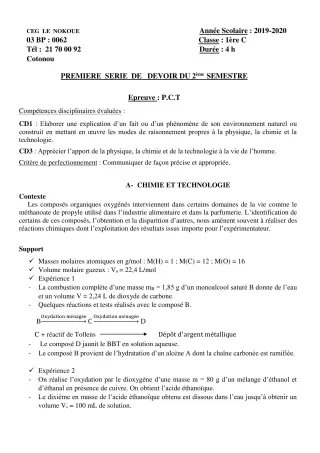 Première page de PCT 1ère C — 1er devoir surveillé, 2e semestre (2019-2020) · CEG LE NOKOUE