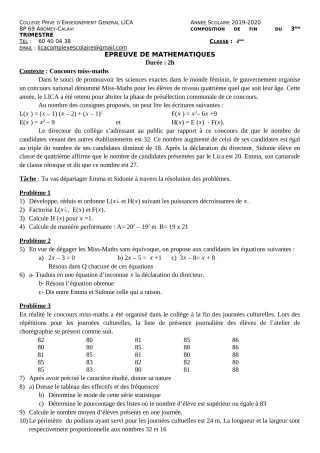 Première page de Mathématiques 4e, 4e ML — Composition, 1er trimestre (2019-2020) · CPEG LICA