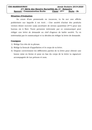 Première page de Français 4e — 1er devoir surveillé (2019-2020) · CEG MAREGOUROU