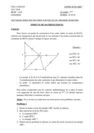 Première page de Mathématiques 5e — 2e devoir surveillé, 1er semestre (2017-2018) · CEG l'Océan