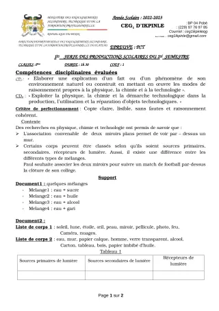 Première page de PCT 5e — 1re production scolaire, 2e semestre (2022-2023) · CEG1 Ikpinlè