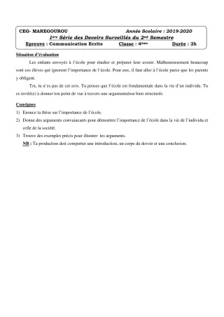 Première page de Français 4e ML&MC — 1er devoir surveillé, 2e semestre (2019-2020) · CEG MAREGOUROU