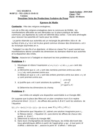 Première page de Mathématiques Tle C — 2e production scolaire, 1er semestre (2019-2020) · CEG SEGBEYA