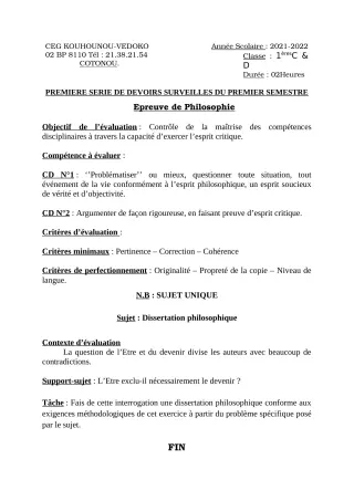 Première page de Philosophie 1ère C, 1ère D — 1er devoir surveillé, 1er semestre (2021-2022) · CEG Kouhounou-Vêdoko