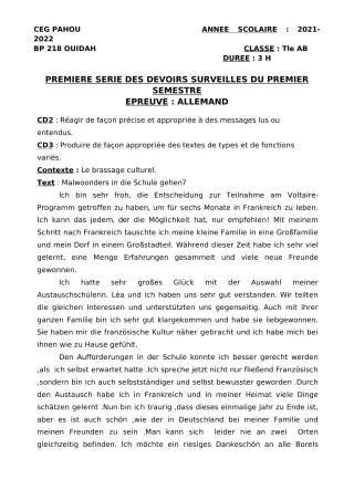 Première page de Allemand Tle A2, Tle B — 1er devoir surveillé, 1er semestre (2021-2022) · CEG PAHOU