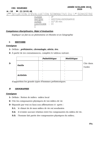 Première page de Histoire-Géographie 6e — Évaluation sommative, 1er semestre (2019-2020) · CEG HOUEGBO