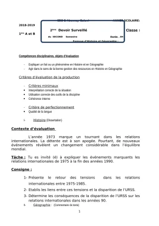 Première page de Histoire-Géographie 1ère A1, 1ère A2, 1ère B — 2e devoir surveillé, 2e semestre (2018-2019) · CEG2 ABOMEY - CALAVI (CEG ZOCA)