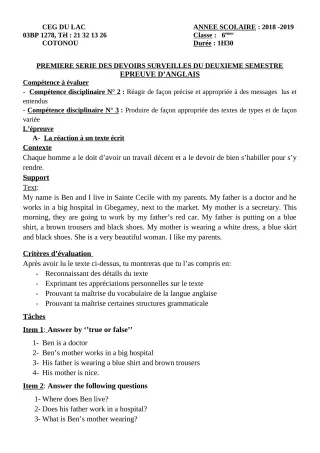 Première page de Anglais 6e — 1er devoir surveillé, 2e semestre (2018-2019) · CEG du Lac